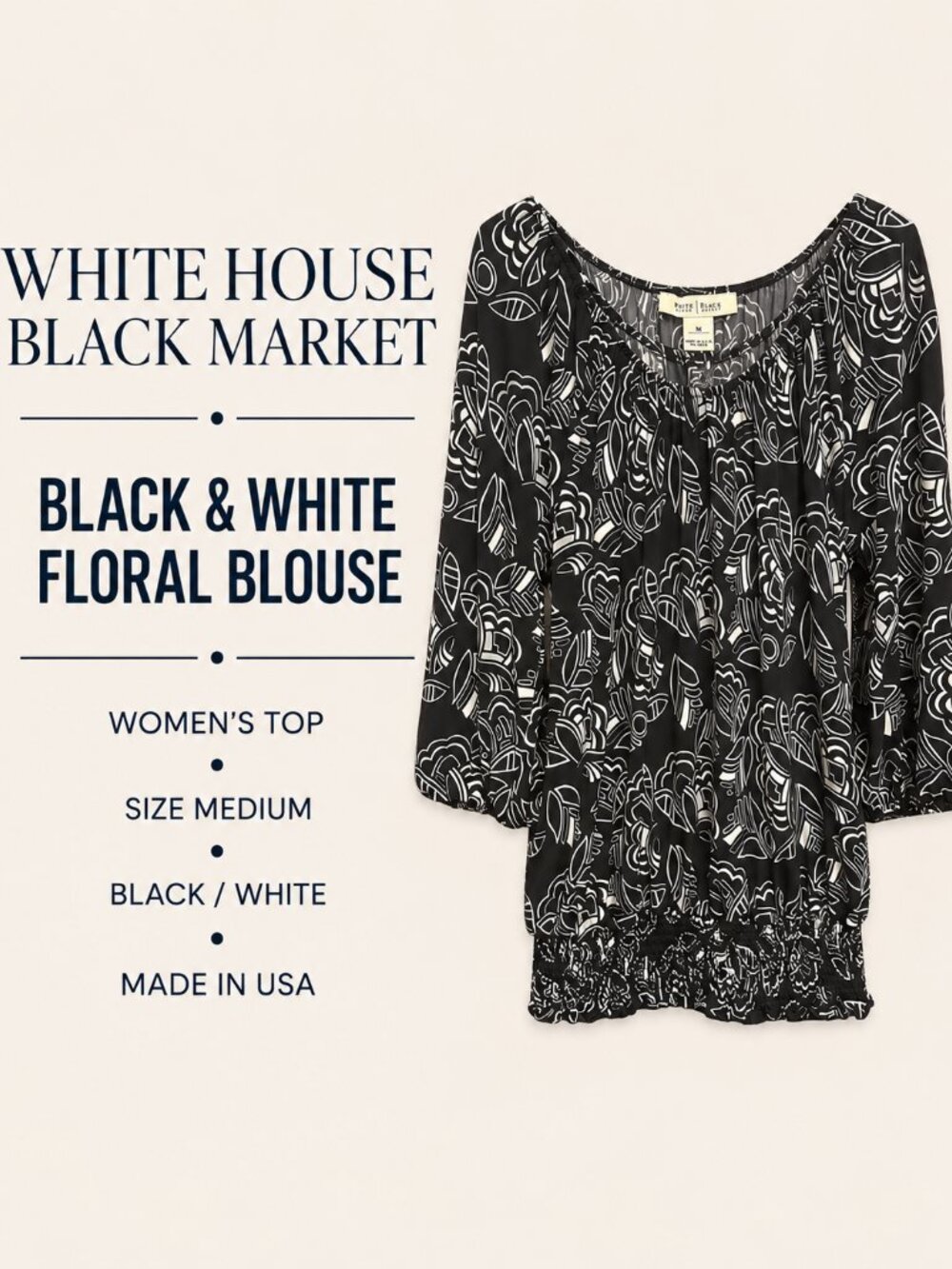 White House Black Market Size M Black White Floral Smocked Hem Blouse